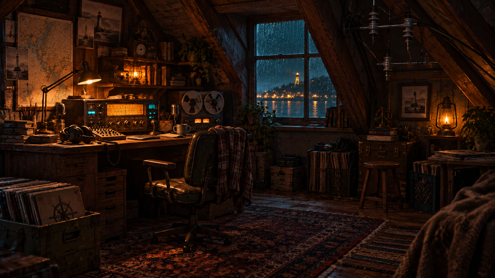 Warm radio attic overlooking the rainy harbor