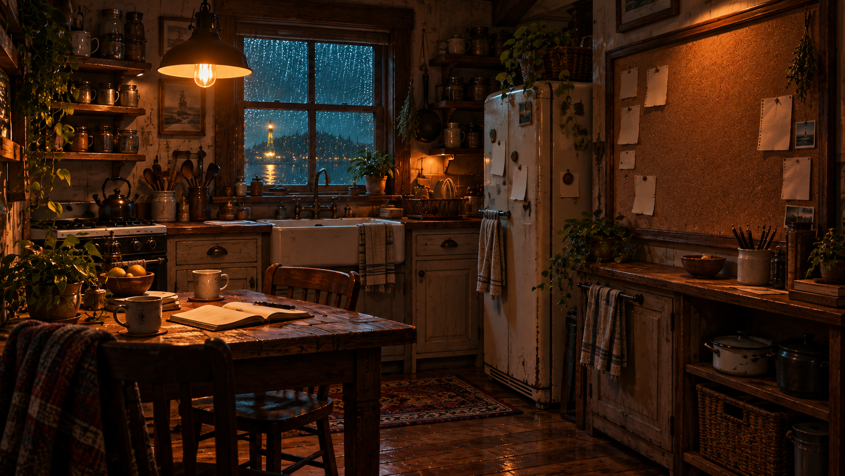 Lived-in kitchen nook with a rainy harbor window