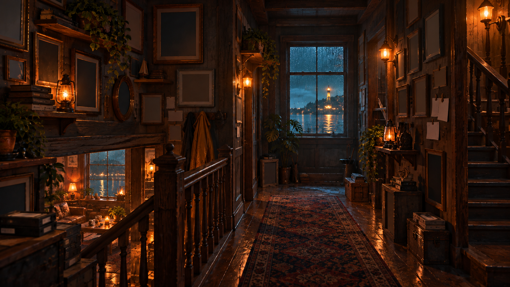 Frame-lined stair hall inside the signal house