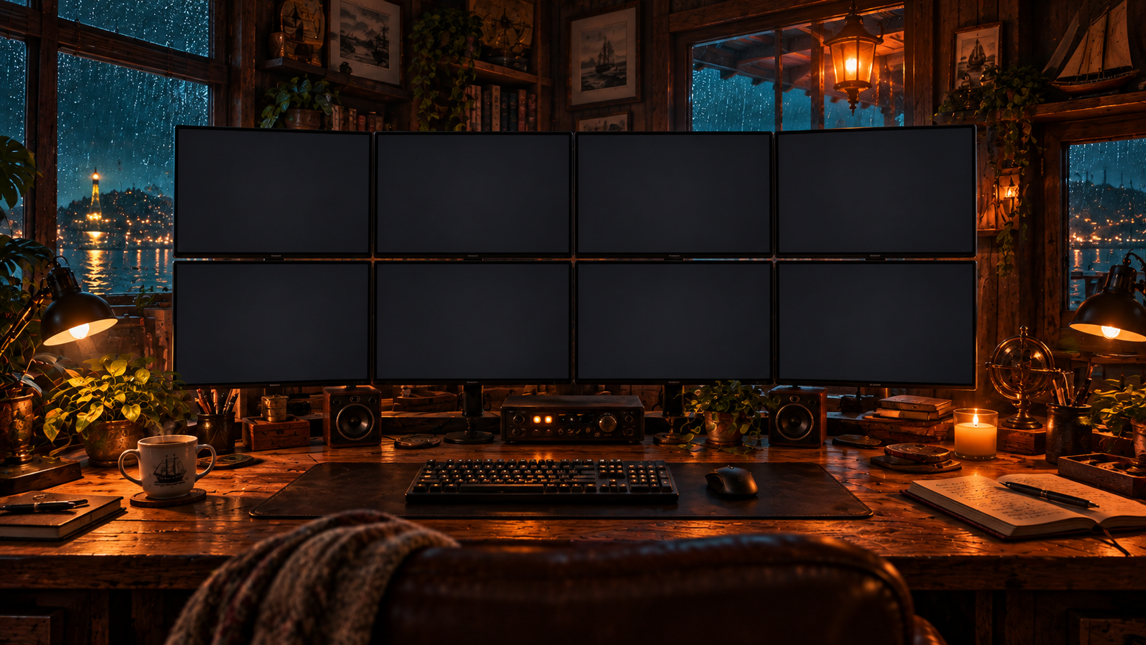 A wall of glowing screens for the group video call