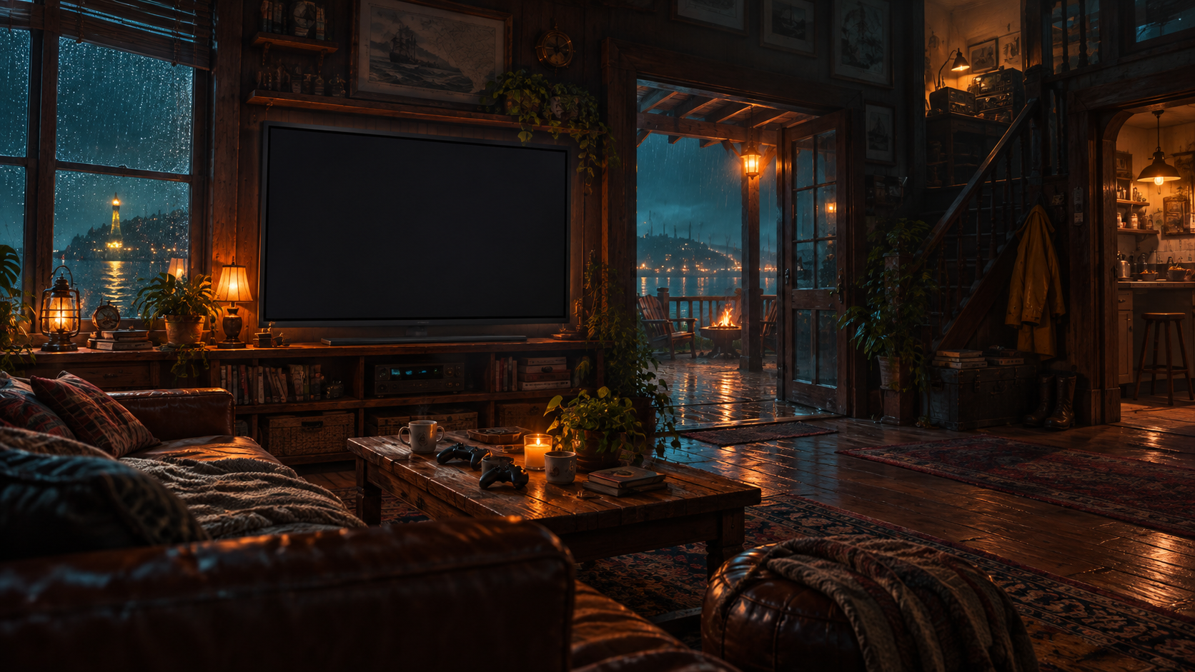 Rainy late-night lounge overlooking a harbor